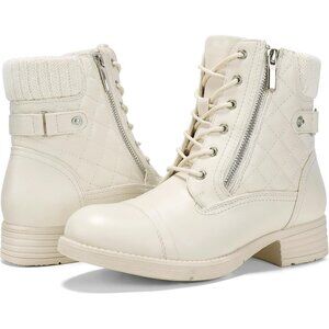 STQ Women's Beige White Synthetic Side Zipper Combat Boots Lace up Ankle Booties